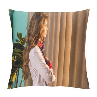 Personality  Side View Of Beautiful Retro Styled Doctor In Looking At Window In Clinic Pillow Covers