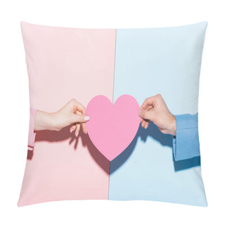 Personality  Cropped View Of Man And Woman Holding Heart-shaped Card On Pink And Blue Background  Pillow Covers