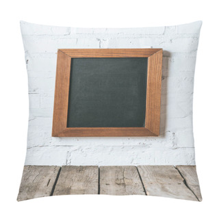 Personality  Close Up View Of Blank Chalkboard On White Brick Wall And Wooden Planks Surface Pillow Covers