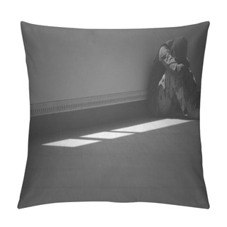 Personality  Side View Of Hopeless Man Sitting Alone With Hugging His Knees On The Floor In The Corner Of Room In Dark Tone And Black And White Style Pillow Covers