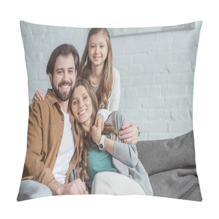 Personality  Smiling Parents And Daughter Looking At Camera In Living Room Pillow Covers