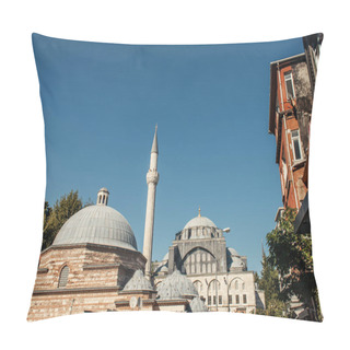 Personality  Architecture Of Mihrimah Sultan Mosquewith Blue Sky At Background, Istanbul, Turkey  Pillow Covers