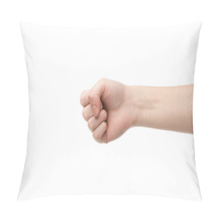 Personality  Cropped View Of Man Showing Fist Isolated On White Pillow Covers