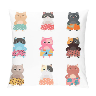 Personality  Set Of Different Cartoon, Cute Kittens In Stylish Shorts. Vector Illustration For Calendar, Card, Banner, Postcard And Printable. Pillow Covers