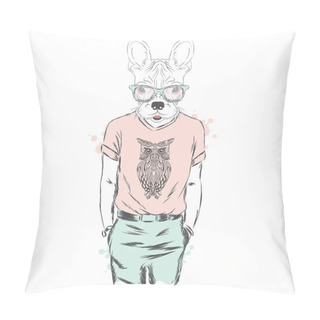 Personality  French Bulldog - Hipster. Vector Illustration. Print. Pillow Covers