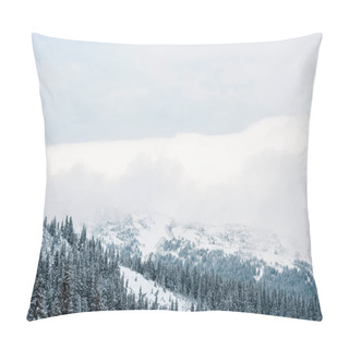 Personality  Scenic View Of Snowy Mountains With Pine Trees And White Fluffy Clouds Pillow Covers