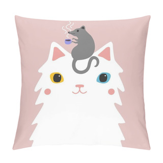 Personality  Vector Illustration With Grey Rat Holding Hot Coffee Cup And White Colored Eyes Cat. Pillow Covers