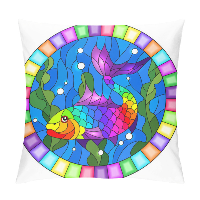 Personality  Illustration in stained glass style with an abstract bright fish on the background of water and algae, oval image pillow covers