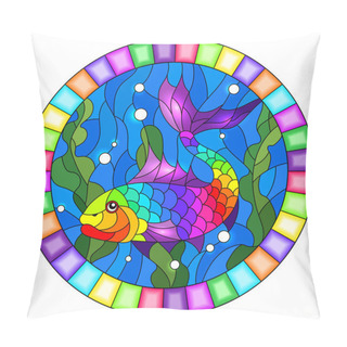 Personality  Illustration In Stained Glass Style With An Abstract Bright Fish On The Background Of Water And Algae, Oval Image Pillow Covers