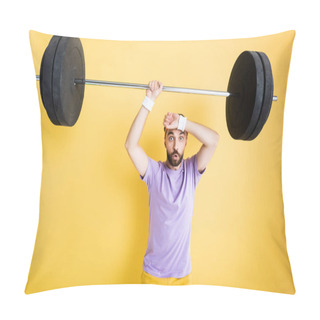 Personality  Tired Sportsman Holding Heavy Barbell On Yellow Pillow Covers