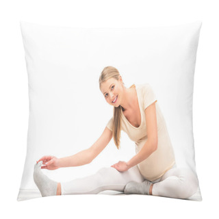 Personality  Pregnant Blonde Woman Stretching And Smiling Isolated On White Pillow Covers