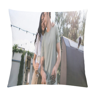 Personality  Low Angle View Of Woman Holding Vine And Hugging Boyfriend Near Grill And Camper Van, Banner  Pillow Covers