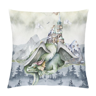 Personality  Knight And Flying Dragon Around Castle. Cartoon Hand Drawn Illustration On White Background Pillow Covers