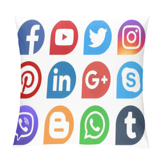 Personality  Kiev, Ukraine - November 07, 2018: Popular Social Media Icons Drops Printed On Paper: Facebook, Twitter, Instagram, Pinterest, LinkedIn, Viber, Tumblr And Others Pillow Covers