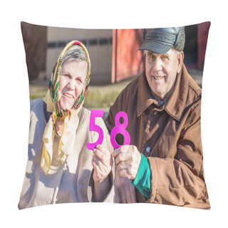 Personality  Happy Elderly Couple In Love Celebrating Their Anniversary. A Happy And Loving Elderly Man Kisses His Beloved Wife On The Cheek Pillow Covers