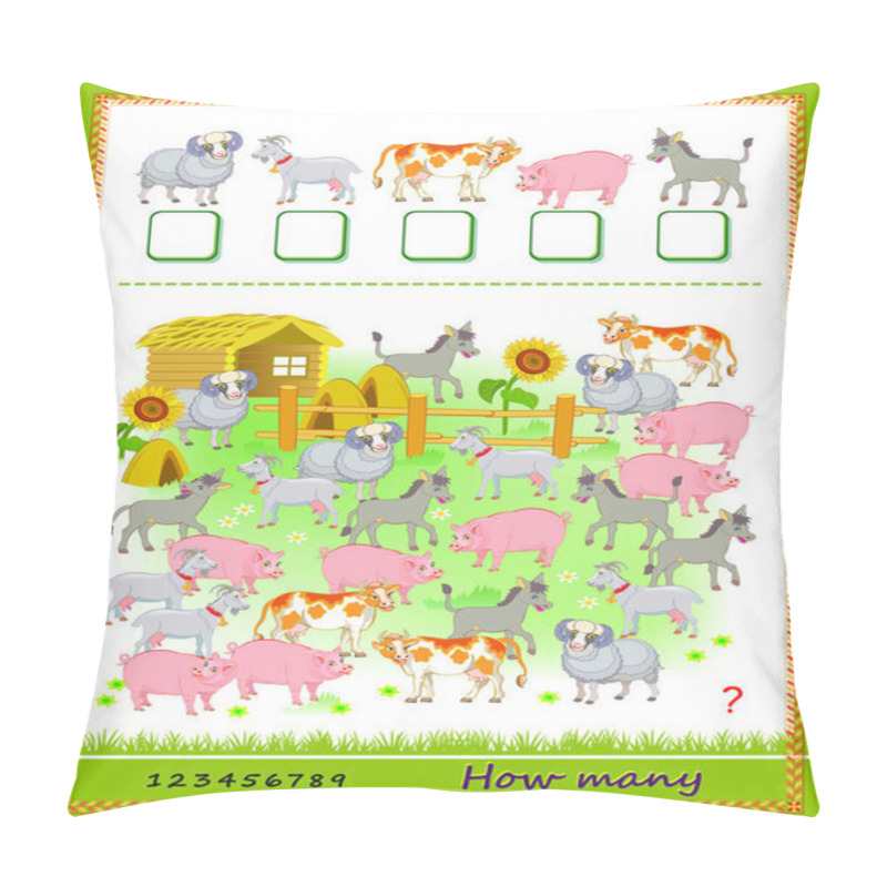 Personality  Math education for children. How many farm animals can you find? Count quantity and write the numbers. Developing counting skills. Logic puzzle game. Worksheet for kids school textbook. Play online. pillow covers