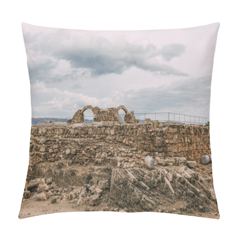 Personality  ruins of old archaeological park against sky with clouds  pillow covers