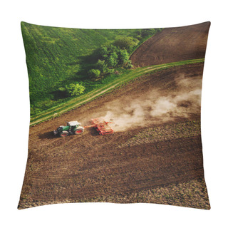 Personality  Tractor Cultivating Field, Kicking Up Rocks And Dust In The Early Morning Pillow Covers