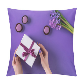 Personality  Cropped Image Of Girl Holding Present Box On Purple Pillow Covers