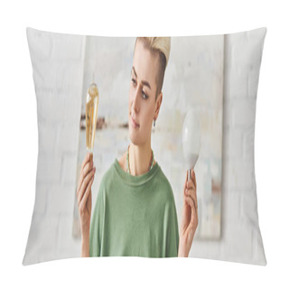 Personality  Young And Smiling Woman With Trendy Hairstyle Comparing Energy Saving Light Bulbs While Standing At Home, Eco-friendly Choices, Sustainable Lifestyle And Environmentally Conscious Concept, Banner Pillow Covers