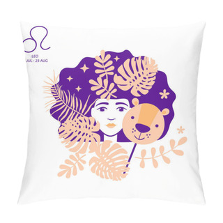 Personality  Lion To Leo Of Zodiac And Horoscope Concept, Vector Art And Illustration. Girl. Beautiful Girl Silhouette. Astrological Sign As A Beautiful Women. Future Telling, Horoscope, Alchemy, Spirituality Pillow Covers