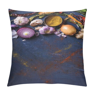 Personality  Top View Of Various Spices On Blue Background Pillow Covers