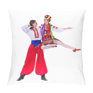 Personality  Beautiful Dancing Couple In Ukrainian Polish National Traditional Costume Clothes Jumping, Full Length Portrait Isolated Pillow Covers