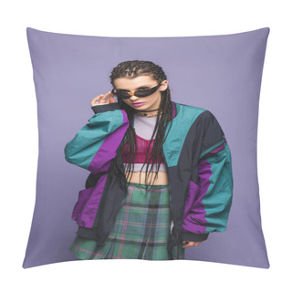 Personality  Young Woman In Retro Sports Jacket Holding Sunglasses On Purple Background  Pillow Covers