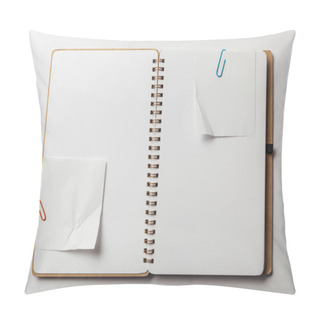 Personality  Top View Of Opened Notebook With Sticky Notes And Paper Clips On White Background Pillow Covers