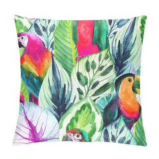 Personality  Watercolor Parrots And Tropical Leaves Seamless Pattern Pillow Covers