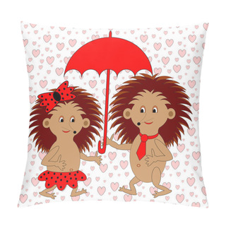 Personality  A Funny Cartoon Couple With Umbrella Under The Rain Of Hearts. A Pillow Covers