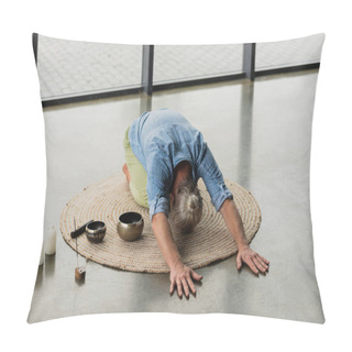 Personality  Grey Haired Man Stretching Back Near Tibetan Singing Bowls And Incense Stick In Yoga Studio  Pillow Covers