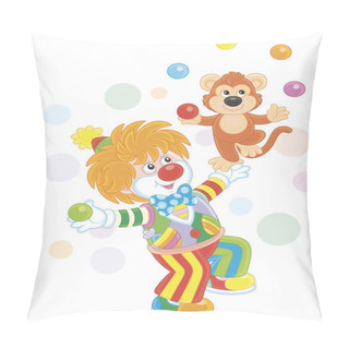 Personality  Funny Circus Clown With His Small Monkey Juggling With Color Balls, Vector Illustration In A Cartoon Style Pillow Covers
