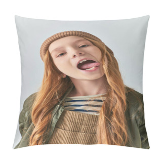 Personality  Preteen Girl In Knitted Hat And Outerwear Sticking Out Tongue And Looking At Camera On Grey Backdrop Pillow Covers