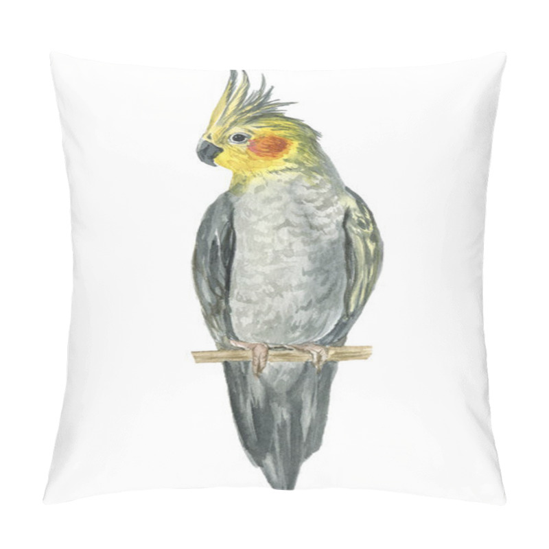 Personality   Watercolor Illustration Of Beautiful Corella Parrot On Branch Isolated On White Background Pillow Covers