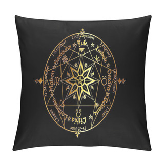 Personality  Wheel Of The Year Is An Annual Cycle Of Seasonal Festivals, Enneagram By Many Modern Pagans. Wiccan Calendar And Holidays. Compass With In The Middle Pentagram Symbol, Names In Celtic Of The Solstices Pillow Covers