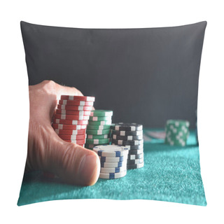 Personality  Background With Hand Betting Game Chips On Green Mat And Isolated Dark Background. Front View. Pillow Covers