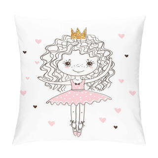 Personality  Cute Little Princess Ballerina. A Girl Dances In A Tutu Skirt And Pointe Shoes. Linear Hand Drawing, Vector Doodle Illustration Isolated On White Background. Pillow Covers