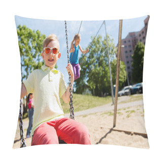 Personality  Two Happy Kids Swinging On Swing At Playground Pillow Covers