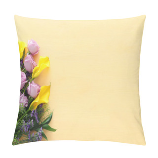 Personality  Summer Bouquet Of Pink Roses And Yellow Calla Lily Flowers Over Wooden Pastel Background. Top View, Flat Lay Pillow Covers