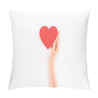 Personality  Cropped Shot Of Woman Holding Red Heart Symbol Isolated On White, St Valentine Day Concept Pillow Covers