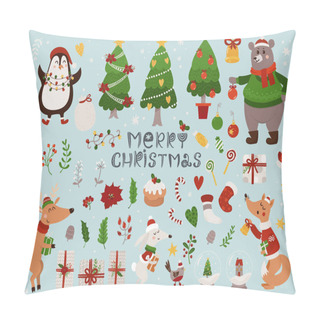 Personality  Christmas Set With Isolated Cute Forest Animals And Different Items Pillow Covers