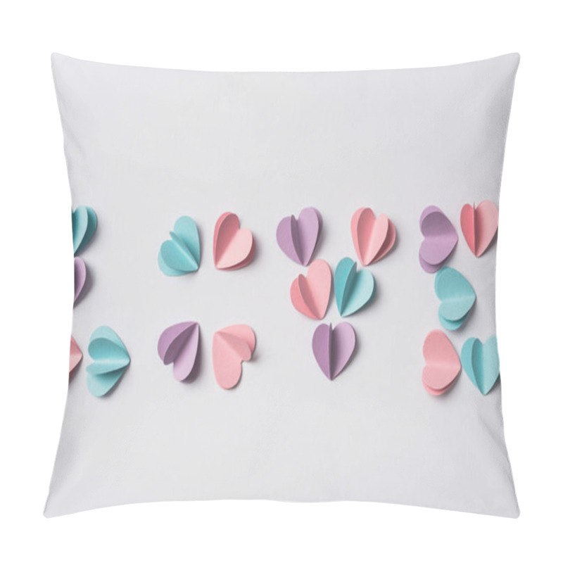 Personality  top view of love lettering made of colorful paper hearts on white background pillow covers