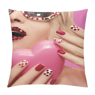 Personality  Holiday Makeup And Manicure With Red Hearts. Pillow Covers