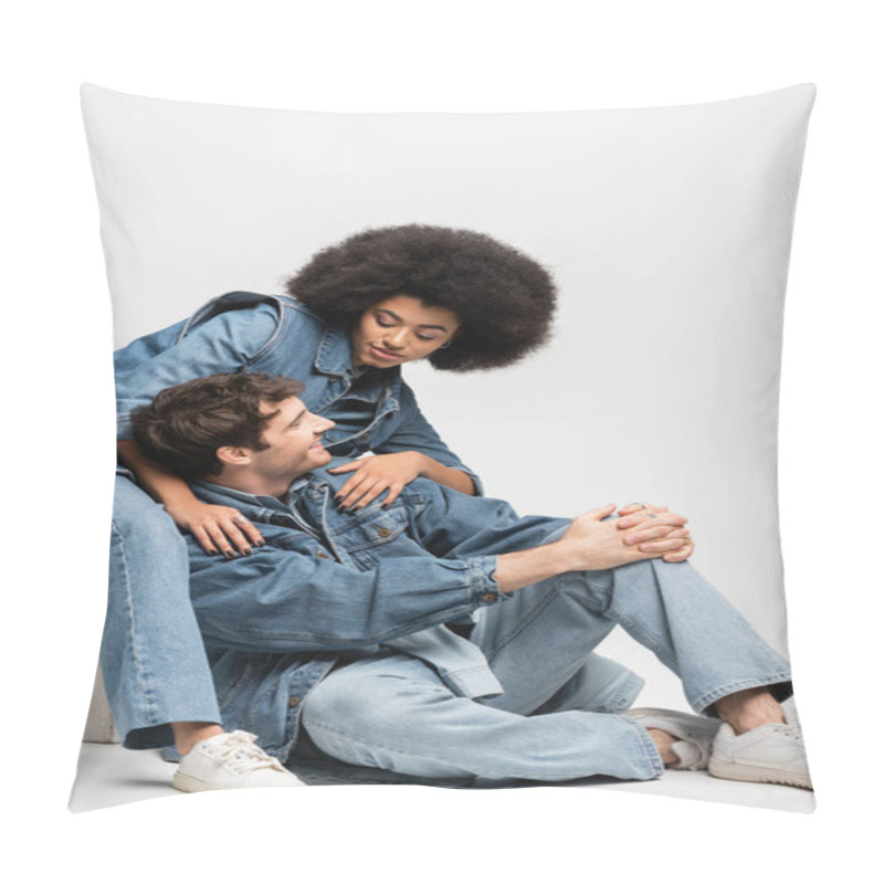 Personality  Brunette African American Woman In Sneakers Sitting And Looking At Cheerful Man In Denim Outfit On Grey  Pillow Covers
