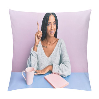 Personality  Beautiful Hispanic Woman Reading A Book And Drinking A Coffee Pointing Finger Up With Successful Idea. Exited And Happy. Number One.  Pillow Covers
