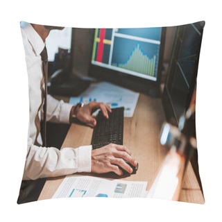 Personality  Cropped View Of Bi-racial Trader Using Computer And Sitting At Table  Pillow Covers