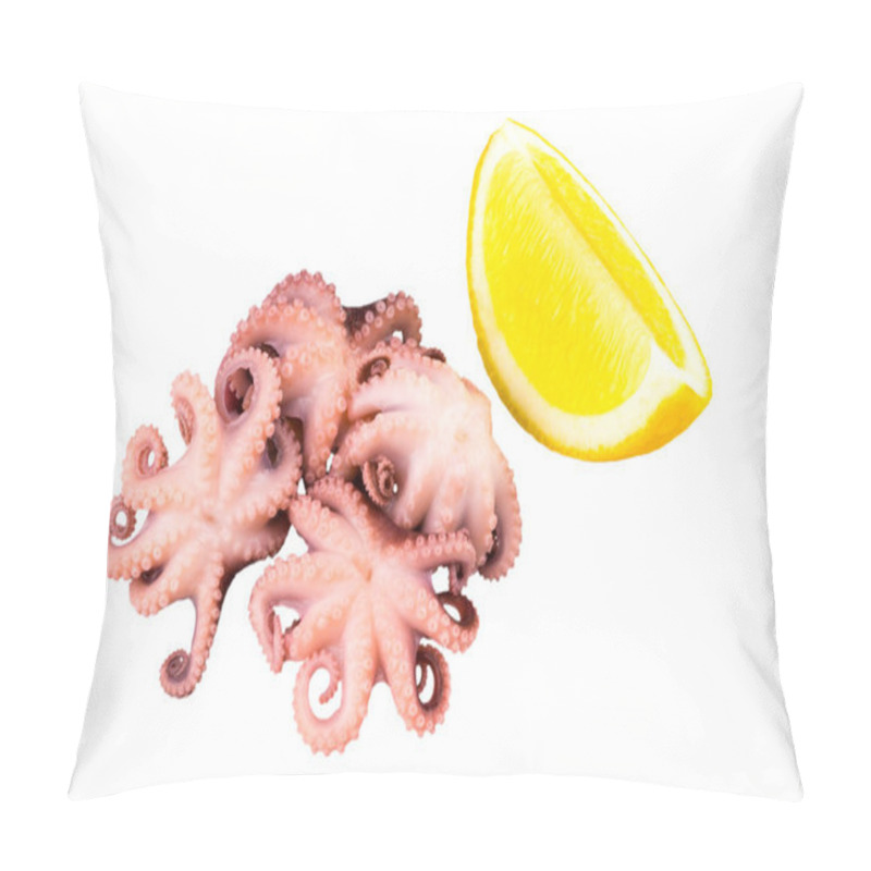 Personality  Marinated baby octopus with lemon on white background pillow covers
