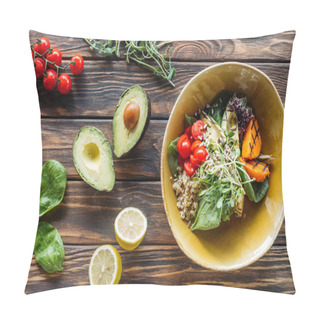 Personality  Flat Lay With Vegetarian Salad With Grilled Vegetables, Sprouts, Cherry Tomatoes In Bowl And Arranged Fresh Ingredients Around On Wooden Tabletop Pillow Covers