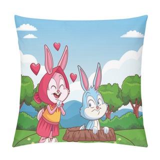 Personality  Cute Easter Bunny Happy Friends Rabbit Hole Nature Background Trees Pillow Covers